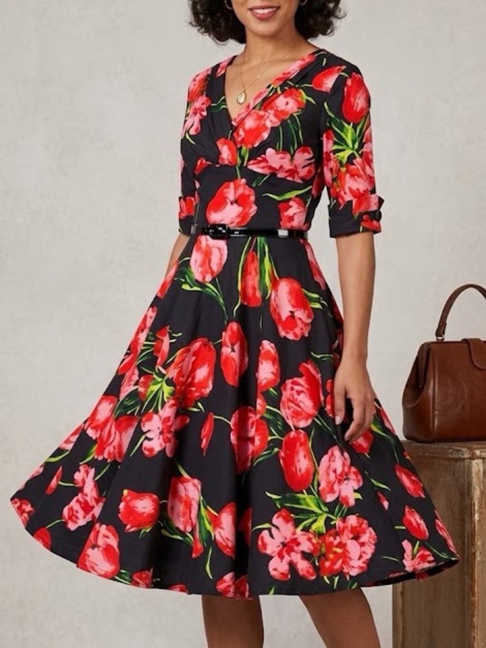 Unique Vintage 1950s Black & Red Tulip Print Delores Swing Midi Dress XS Prom